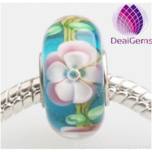 Handmade 925 sterling silver large hole glass beads with white petals